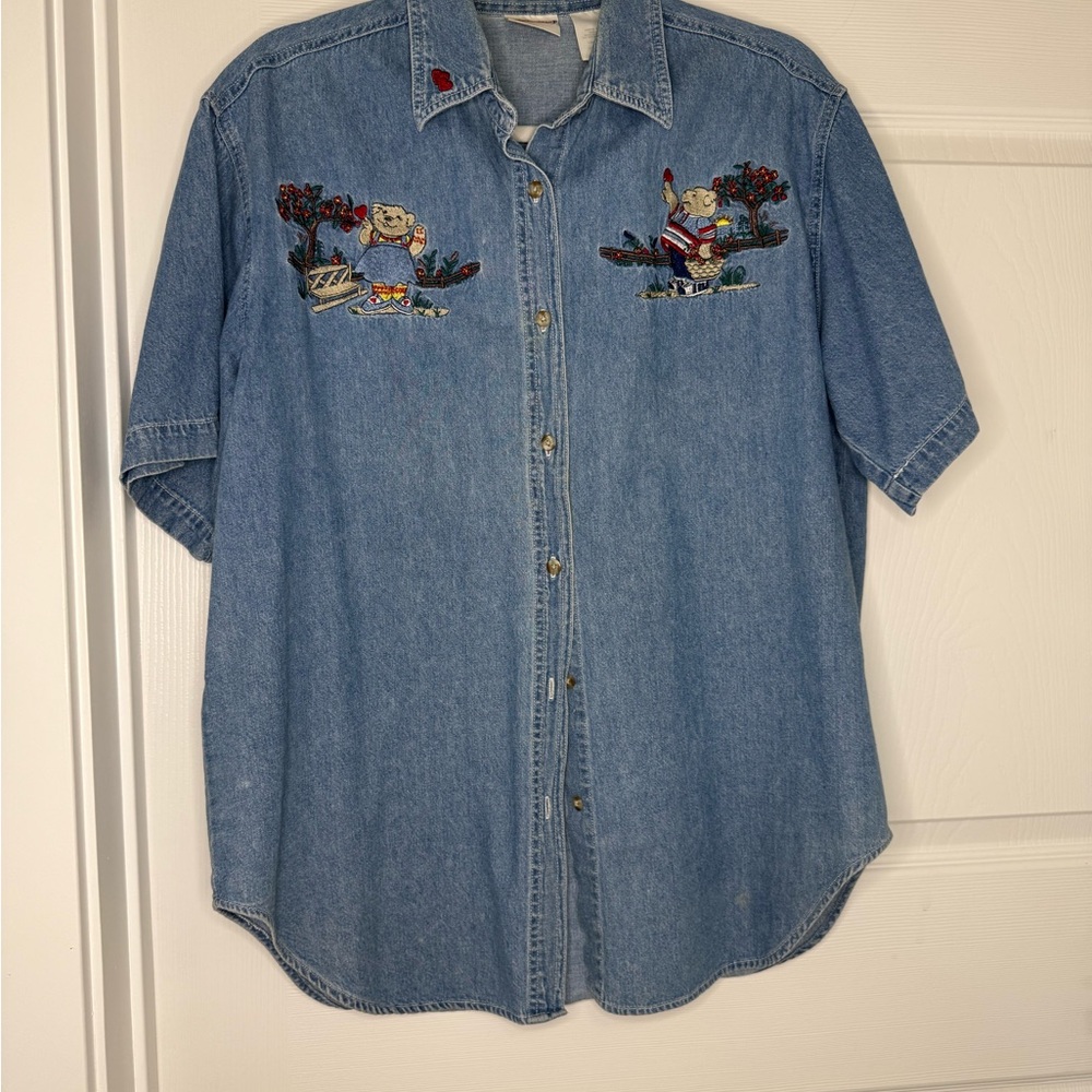Bobbie Brooks Denim Short Sleeve‎ Shirt Embroidered Sz L vintage